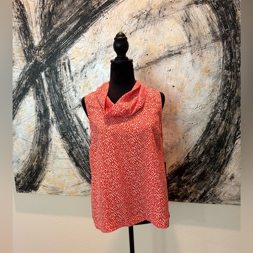 Vince Camuto Orange and Cream Patterned Sleeveless Shirt.